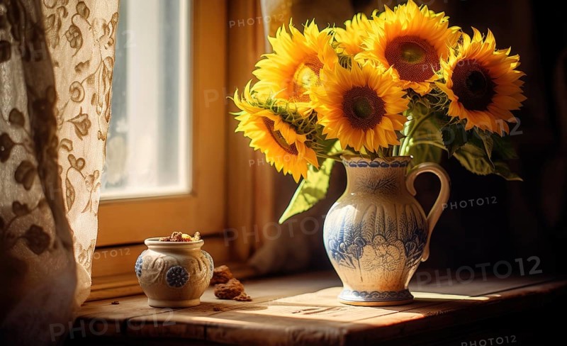 A vase of sunflowers on a wooden table by the window, with cookies, evoking a cozy morning AI generated
