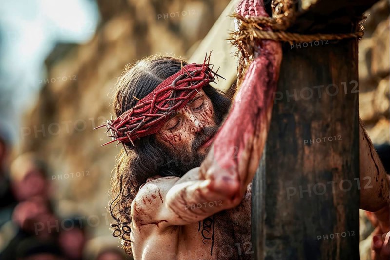 Depiction of Jesus with crown of thorns carrying the cross through the streets to the place of crucifixion, symbolising sacrifice and faith, AI generated, AI generated