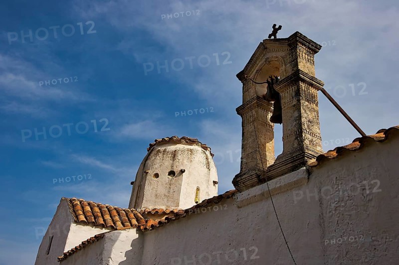 Church of St Michael the Archangel, Cross-domed church, The white bell tower of a church rises into the blue sky, Aradena Gorge, Aradena, Sfakia, Crete, Greece, Europe