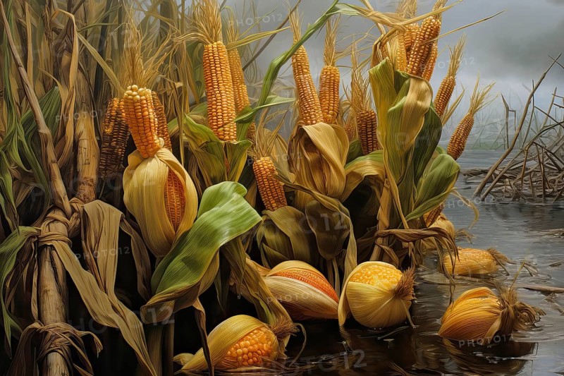 Devastated corn field after a flood, AI Generated, AI generated