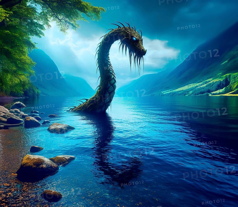 Mythology, the mythical creature Nessie, the Loch Ness monster, in Loch Ness in Scotland, AI generated, AI generated