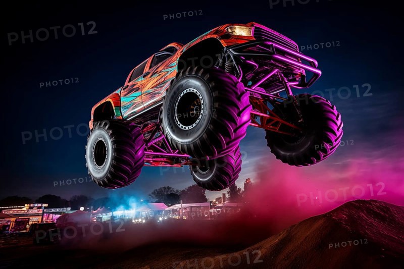 Monster truck with neon lighting, jumping off-road outdoors in cloud of dust, during a night event, surrounded by vibrant lights and smoke. Excitement and thrill of an extreme sport, AI generated