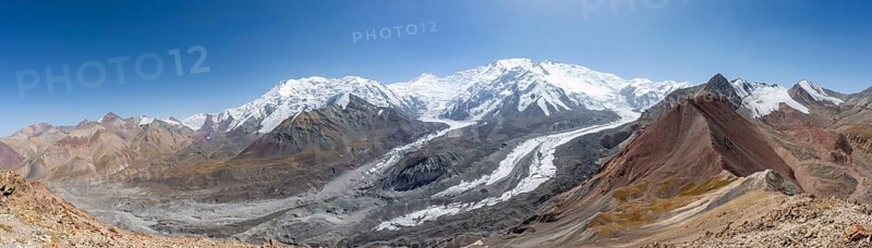 Panorama, high mountain landscape with glacier moraines and glacier tongues, glaciated and snow-covered mountain peaks, Lenin Peak and Peak of the XIX Party Congress of the CPSU, Traveller's Pass, Trans Alay Mountains, Pamir Mountains, Osh Province, Kyrgyzstan, Asia
