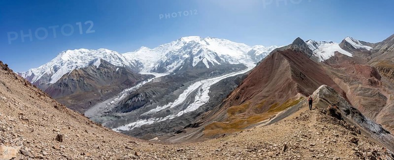 High mountain landscape with glacier moraines and glacier tongues, glaciated and snow-covered mountain peaks, Lenin Peak and Peak of the XIX Party Congress of the CPSU, Traveller's Pass, Trans Alay Mountains, Pamir Mountains, Osh Province, Kyrgyzstan, Asia
