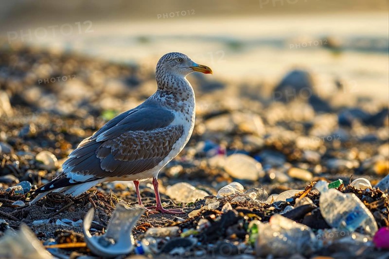 A seagull (Larinae) stands on a beach littered with plastic waste in the light of the sunset, AI generated, AI generated