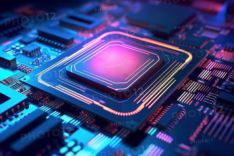 Close-up of a computer processor chip CPU on a motherboard with glowing neon lights. The chip is surrounded by other electronic components. Technology and hardware related content, AI generated