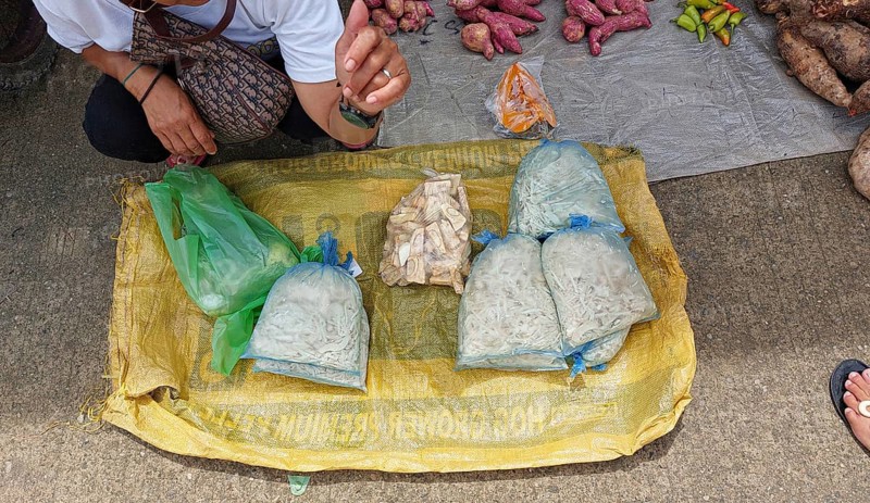 Vendor sitting and waiting for costumers at a farmer's market selling local organic vegetable, candid authentic daily life, livelihood and lifestyle in rural Philippines