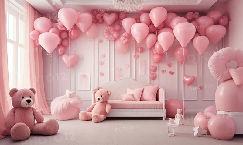 A room filled with pink balloons, a large teddy bear, and a pink sofa Children's room with pink bed, balloons and teddy bear. AI generated