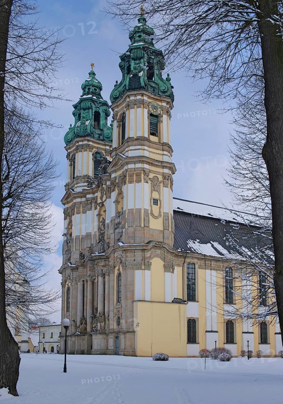 Historic Cistercian Abbey in Krzeszow. Basilica of the Assumption of the Virgin Mary. Winter view. Krzeszow. Poland