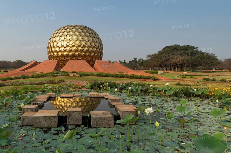 Lotus pond, meditation centre Matrimandir or Matri Mandir, future city Auroville, near Pondicherry or Puducherry, Tamil Nadu, India, Asia