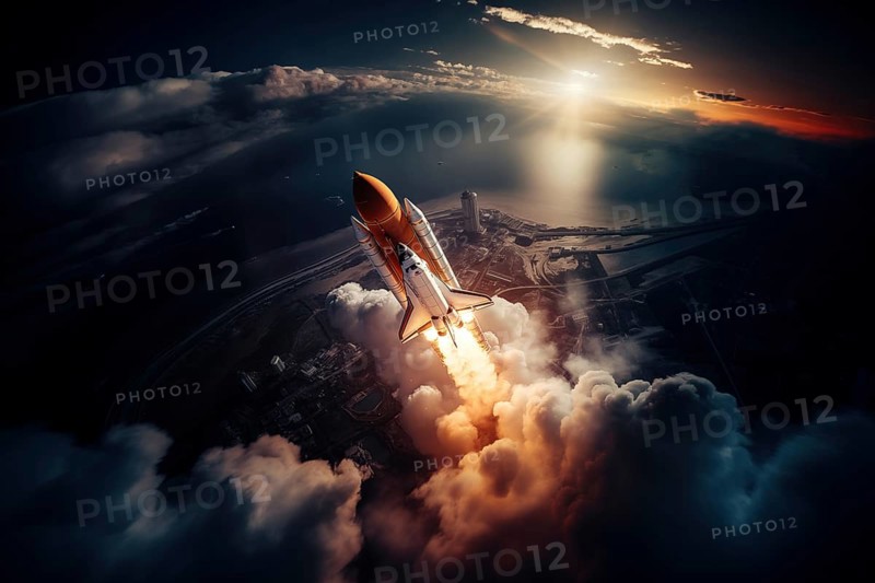 Aerial view of a rocket shuttle carrier launch at sunrise over an ocean coast. The rocket is blasting off with a trail of smoke and flames behind it, AI generated