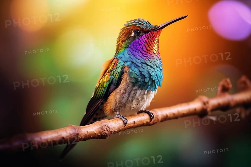 Stunning close-up captures the radiant colors and intricate details of a hummingbird, showcasing its vibrant feathers against a soft defocused background, AI generated