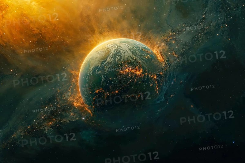 A representation of the earth in space, strongly heated, burning due to extreme radiation from the dying sun, dramatic atmosphere, AI generated, AI generated