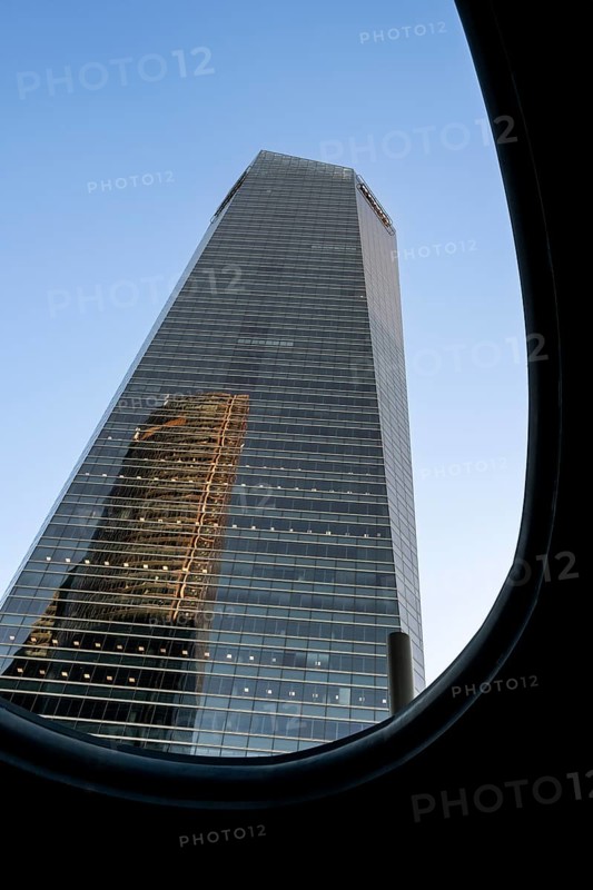 Office towers in the contemporary urban landscape in the Cuatro Torres financial area in the city of Madrid in Spain