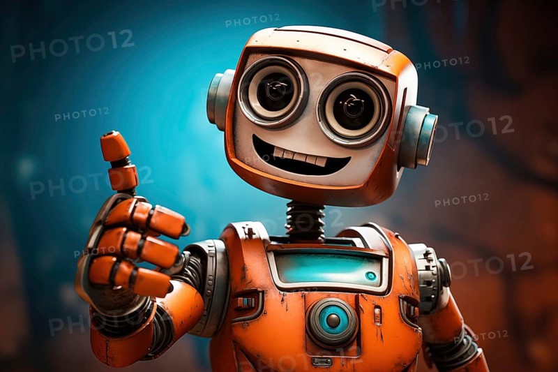 Orange robot showing a thumbs up gesture. The friendly robot has big round eyes and a friendly smile. Concept of artificial intelligence technology approval agreement, success, friendliness, AI generated