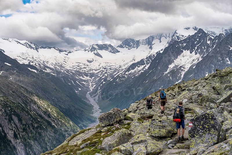 Mountaineer on hiking trail, view of glaciated rocky mountain peaks Hoher Weisszint and Hochfeiler with glacier Schlegeiskees, Berliner Hoehenweg, Zillertal Alps, Tyrol, Austria, Europe