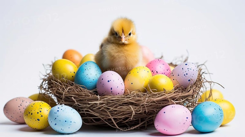 An adorable chick surrounded by Easter eggs in a variety of pastel shades AI generated