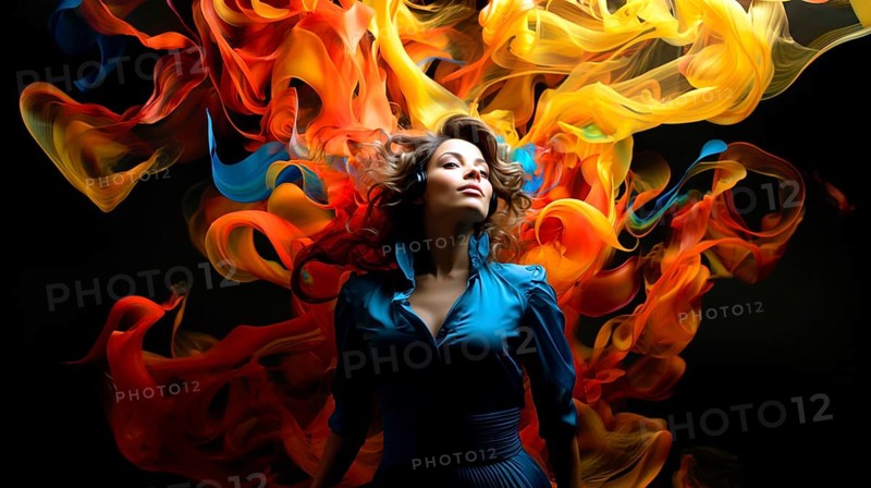 Beautiful young woman dressed in a blue dress, colourful silk scarves waving in the background, AI generated, AI generated