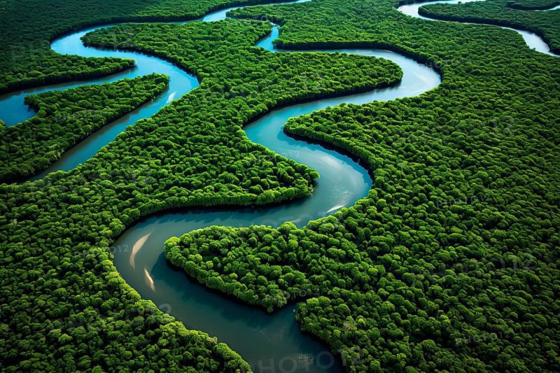 Aerial view of a meandering river in a tropical rainforest, Brazil, AI Generated, AI generated, South America