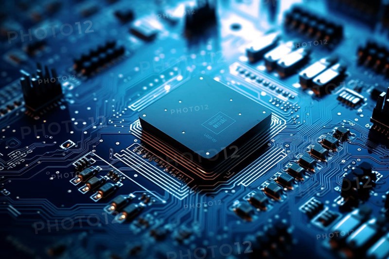 Close-up image of a blue circuit board with a central microchip processor CPU with various electronic components and connections. Technology, computer hardware, and manufacturing industries, AI generated