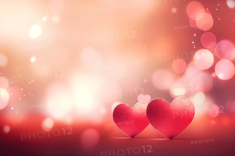 A beautiful and romantic background featuring two elegant red hearts against a soft, bokeh light effect, perfect for Valentine Day or any love-themed design, AI generated