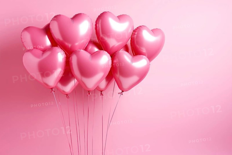 Bunch of glossy pink heart-shaped balloons against a soft pink background, perfect for Valentine's Day, anniversaries, or any romantic occasion, AI generated
