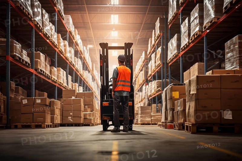 A worker in a reflective vest operates a forklift in a well-lit warehouse, navigating through aisles stacked with packaged goods. Efficiency and organization of a modern distribution center, AI generated