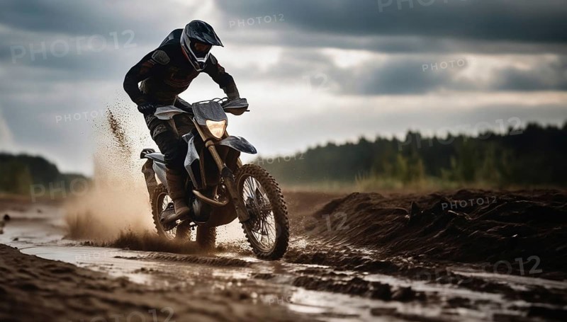 Motocross on an enduro motorcycle through mud and sand, a motorcyclist in gear and a helmet rides off-road, AI generated