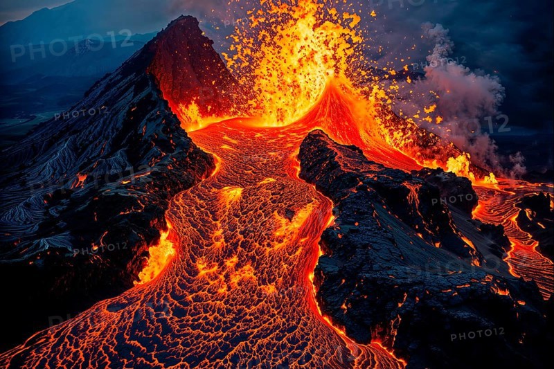 A spectacular volcanic eruption at night with flowing lava and rising clouds of smoke, AI generated, AI generated
