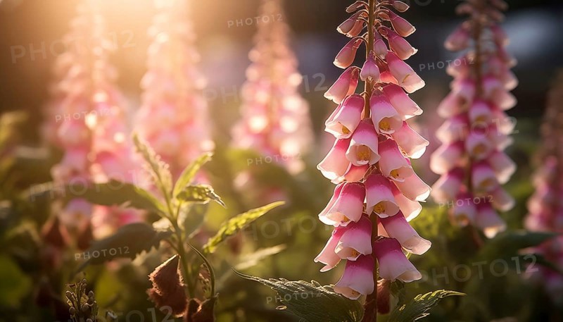 Sunset light filters through pink Digitalis ferruginea â€˜Gigantea flowers in a peaceful garden, AI generated