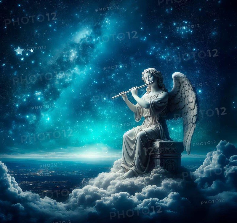 An angel sits on a cloud and plays the flute, kitsch, AI generated, AI generated