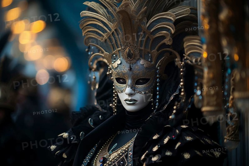 A person adorned in a richly detailed mask and costume, capturing the essence of the Venice Carnival's grandeur and mystery, AI generated