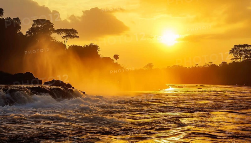 Sunset over a powerful Inga waterfall in the democratic republic of Congo with mist rising and the sky painted in warm hues, AI generated
