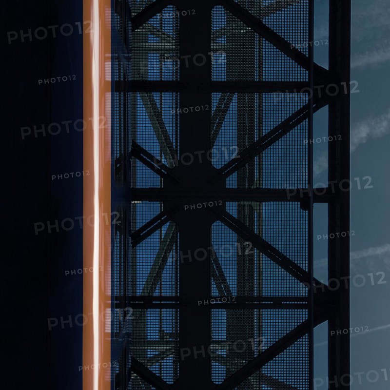 View of a dark, textured ceiling design with a mysterious orange light at the edge, suspension railway, Wuppertal, North Rhine-Westphalia, Germany, Europe