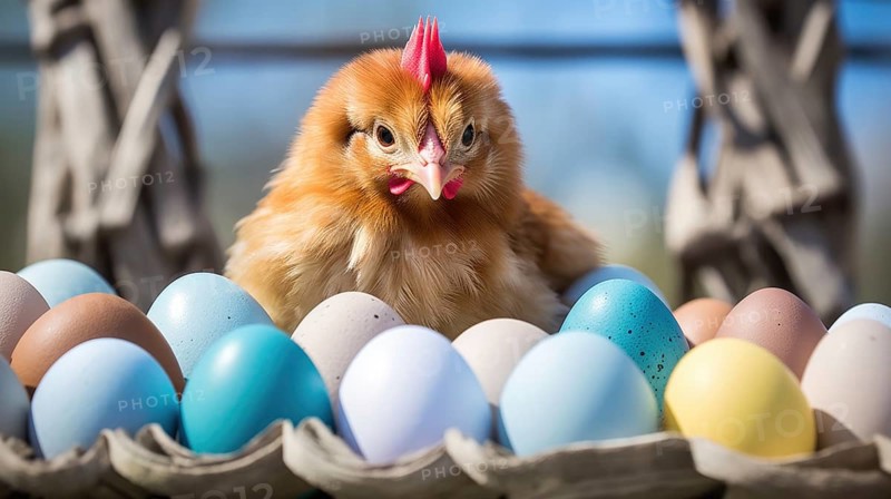 A chick pecking at colorful Easter eggs near a wooden fence AI generated