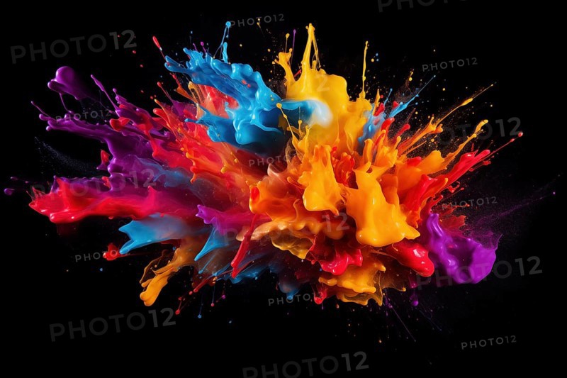 Abstract background of vibrant colorful paint splashes on black background, AI generated