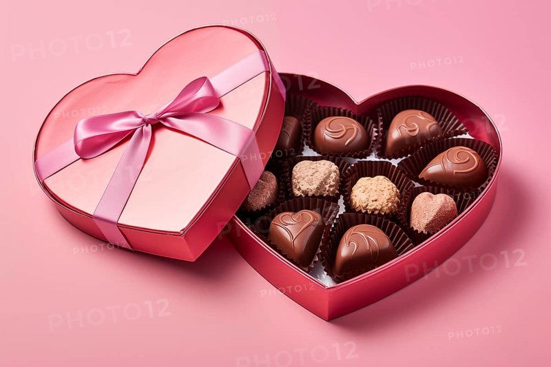 Heart-shaped box with a selection of finely crafted chocolates, perfect for Valentine's Day, on pink background. Feelings of love, sweetness and indulgence, AI generated