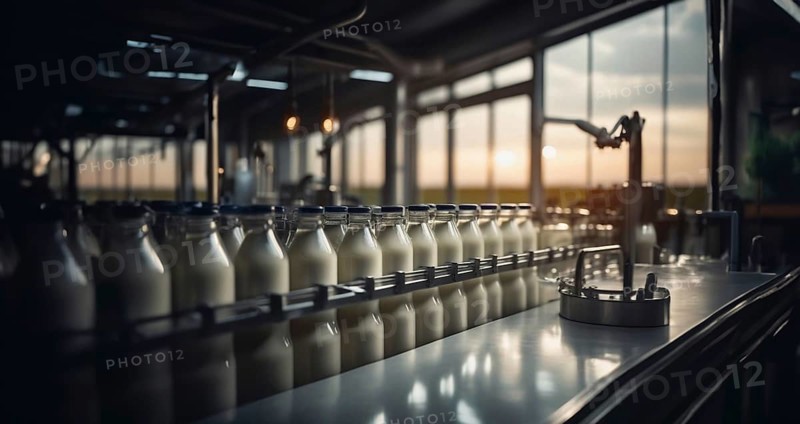 Plant for the production of milk and dairy products, conveyor belt with bottles of milk, AI generated