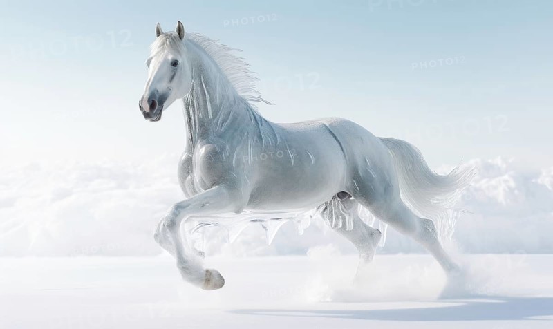 White horse with flying hair and splashes of water on white background. Frozen water splashes on background. Horse in dynamic pose AI generated