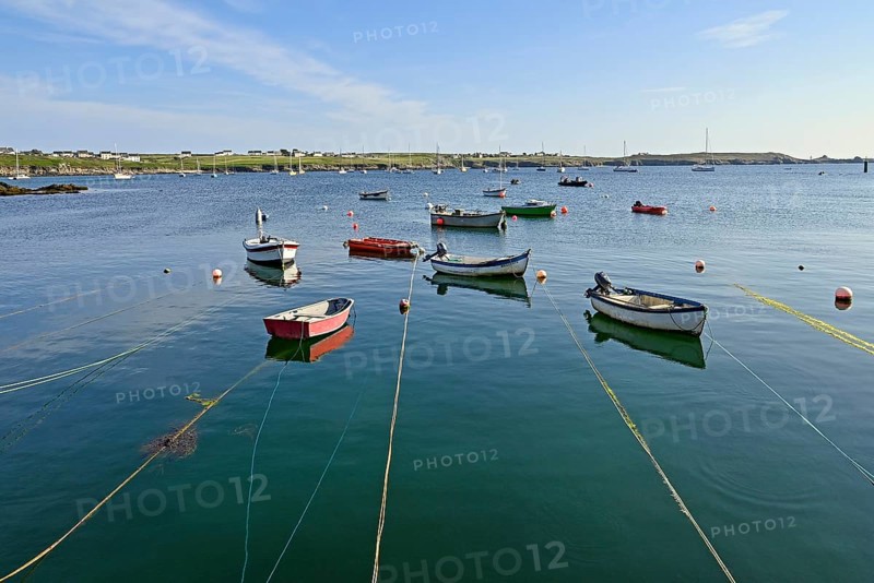 Boats on lines in the bay of Lampaul, Ouessant Island, Finistere, Brittany