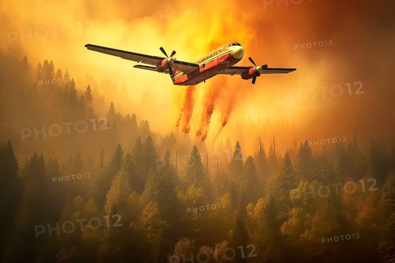 Firefighting Plane releasing water above a burning forest, AI Generated, AI generated