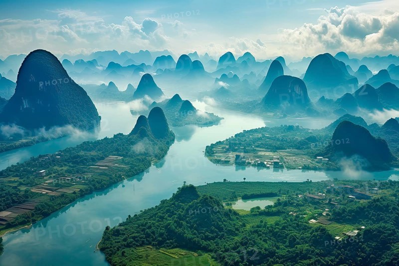 Surrealist aerial view of the Li River at Guilin, China, AI Generated, AI generated, Asia