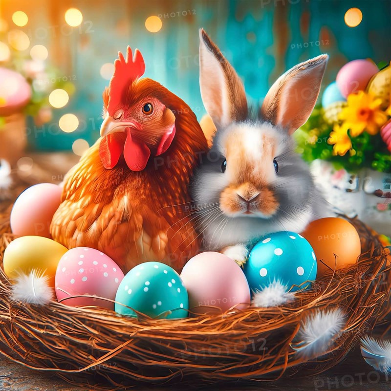 Easter, Easter festival, the Easter bunny sits with a chicken in an Easter nest with colourful Easter eggs, AI generated, AI generated