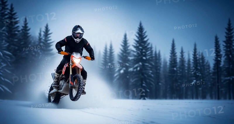 Motocross on an enduro motorcycle in the snow in winter, a motorcyclist in equipment and a helmet rides off-road, AI generated