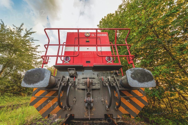 Rear view of a red locomotive on ballast tracks surrounded by trees, Lower Rhine, North Rhine-Westphalia, Germany, Europe