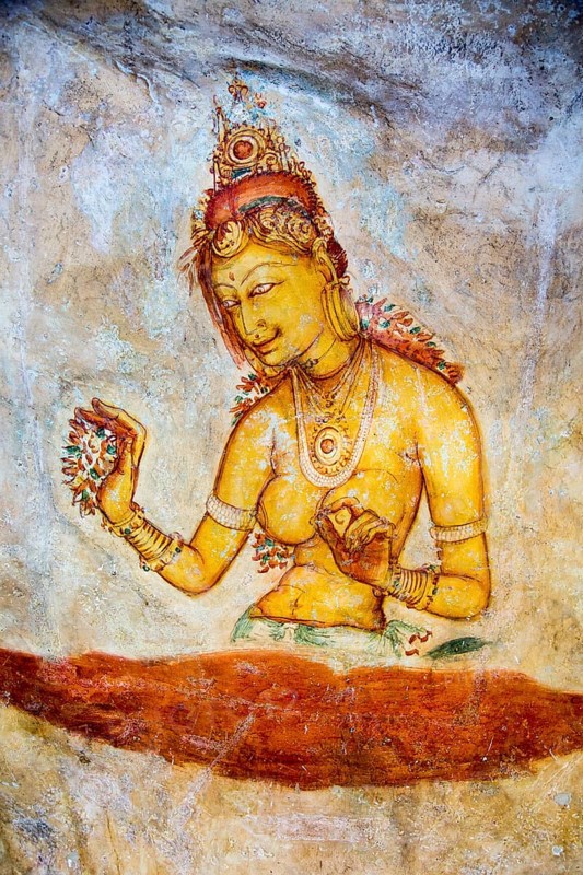 Rock painting frescoes of maidens in the palace fortress, Sigiriya, Central Province, Sri Lanka, Asia