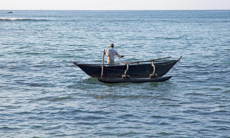 Fishing using traditional outrigger canoes, Mirissa, Sri Lanka, Asia