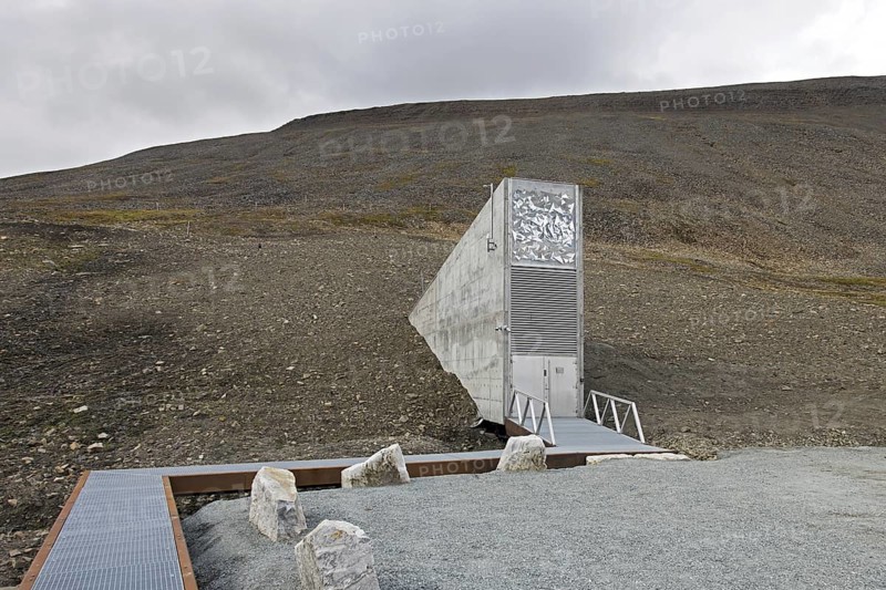 Entrance to the Svalbard Global Seed Vault, largest seed bank in the world and backup facility for the crop diversity near Longyearbyen, Spitsbergen
