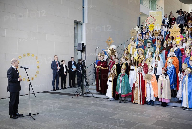 Federal Chancellor Olaf Scholz (SPD) pictured at the traditional reception for carol singers at the Federal Chancellery in Berlin, 8 January 2024