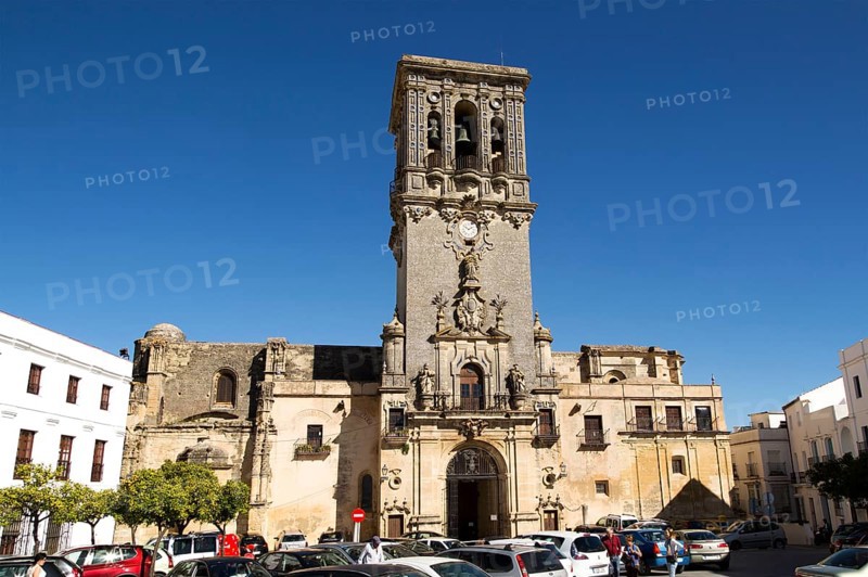 Tower of church Santa Maria de la Asuncion, Plaza del Cabildo, Arcos de la Frontera, Cadiz Province, Spain, Europe